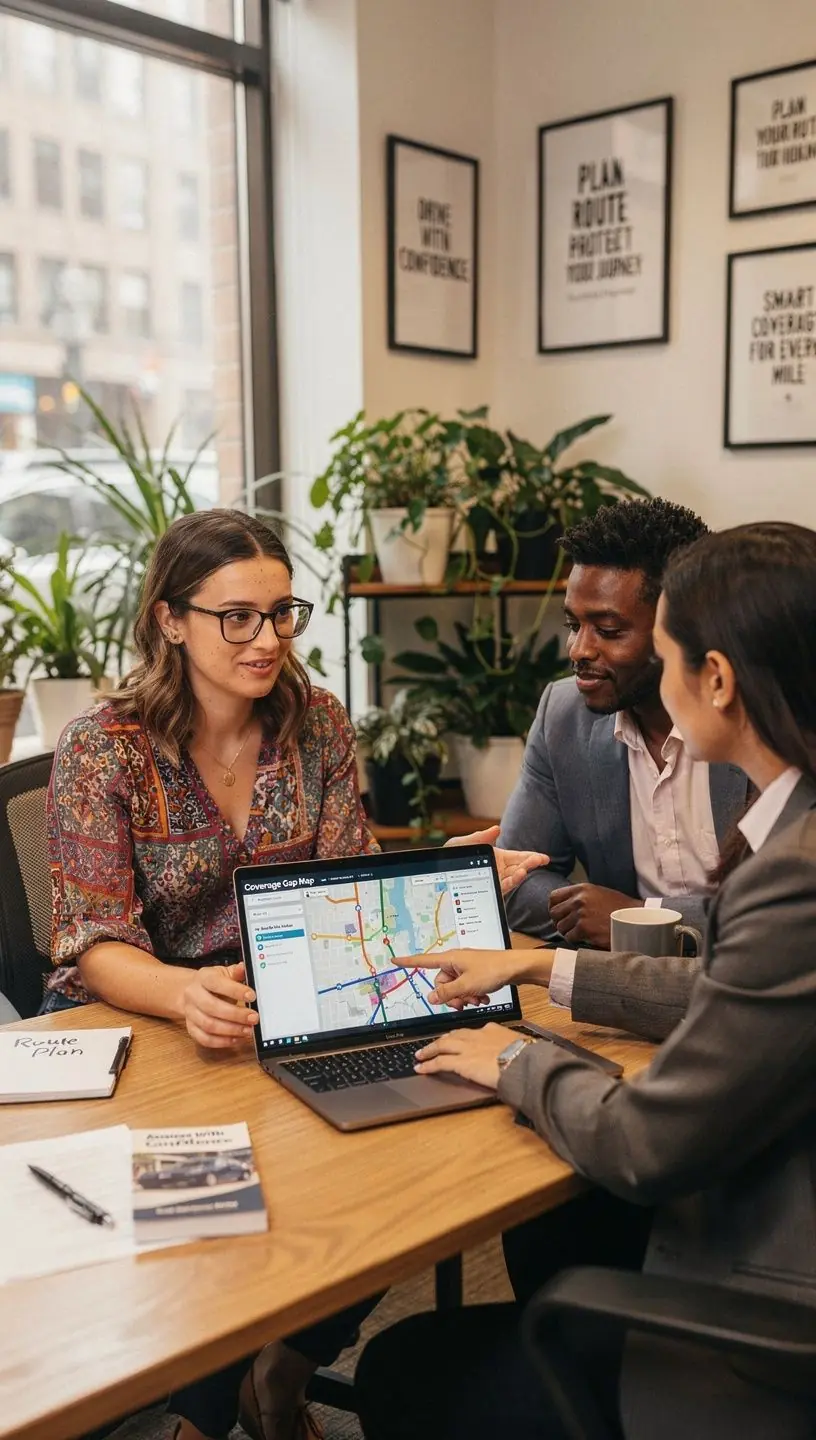 Zespół ekspertów analizujących polisy ubezpieczeniowe samochodów w biurze.