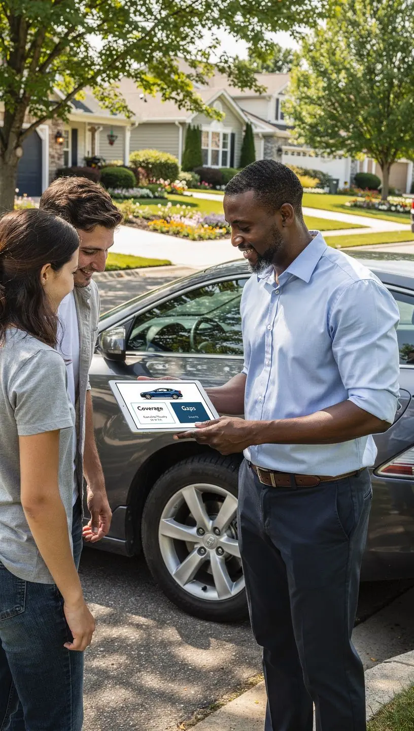 Klient rozmawiający z doradcą ubezpieczeniowym na tle samochodu.