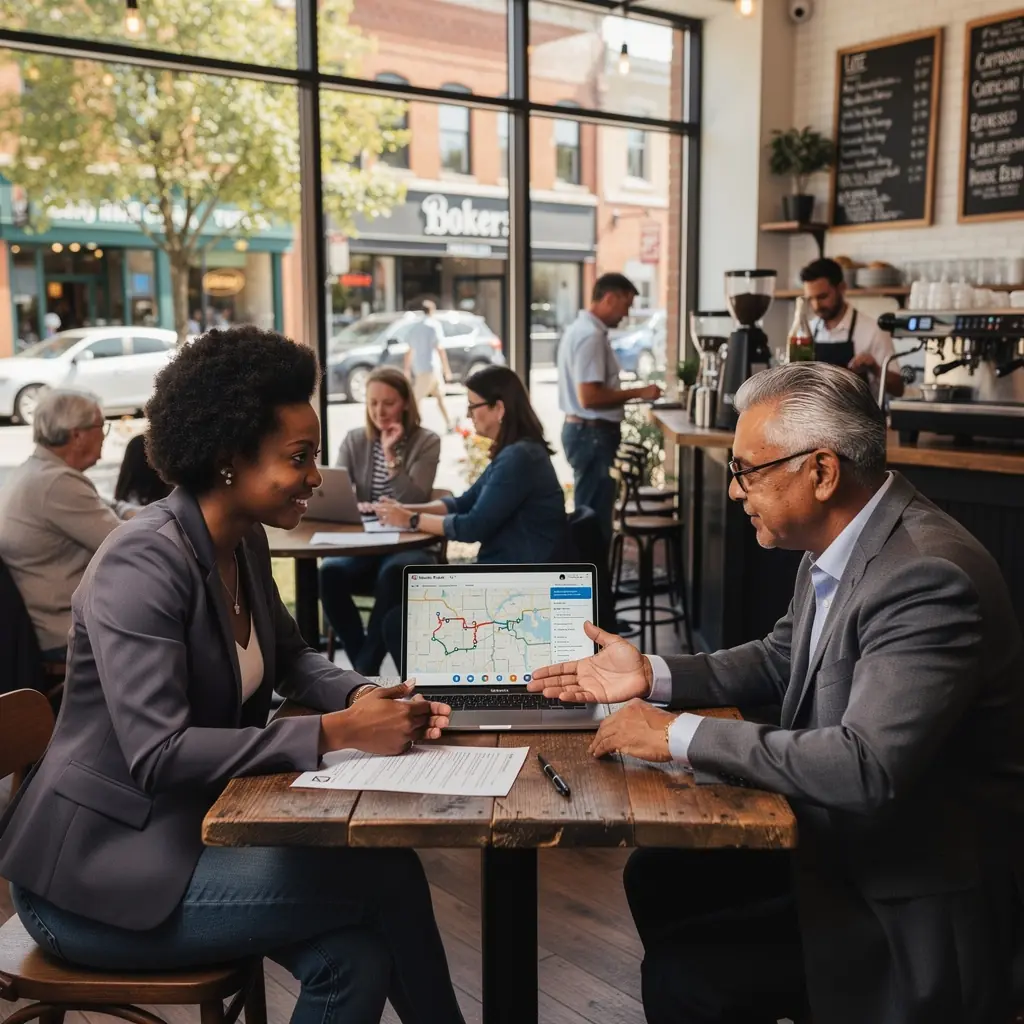 Obrazek przedstawiający konsultanta omawiającego opcje ubezpieczenia z klientem w biurze.